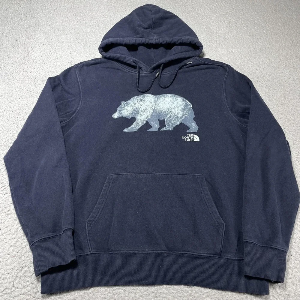 The North Face Hoodie Mens Large Blue Bear Graphic Fleece Pullover Sweatshirt